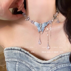 Korean Heavy Industry Blue Crystal Minimalist <b>Necklace</b> Women's <b>Long</b> Tassel High-end Clavicle Chain Electroplated X1894 Silver Ko - Product Image 1