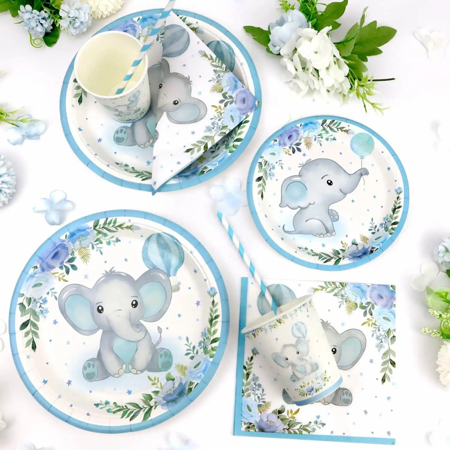 Customization Blue Elephant Party Decoration Blue Tableware Boy Favor Party Supplies Paper Plate Cup Napkin