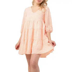 Plus Size Loose Short Sleeve Dress Tiered Gingham Short Casual Rayon Polyester Pleated Swing Dress Girls