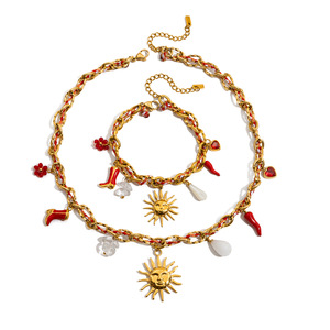 Collier en acier inoxydable avec breloques soleil et pendentif fleur rouge, bijoux de fête - Product Image 5