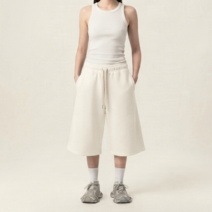 Premium Women's Streetwear French Terry Capri Shorts Casual Mid Waist Regular Fit Breathable Pockets 100% Cotton <b>Drawstring</b> - Product Image 1