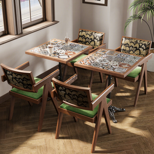 Juego de Muebles de Madera Maciza de Estilo Chino para Cafetería o <span class=keywords><strong>Restaurante</strong></span>, Sofá Cómodo y Moderno, Sillas de Comedor Cuadradas Resistentes, Mesa - Product Image 3