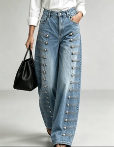 Jeans de Mezclilla de Cintura Alta y Pierna Ancha para Mujer, con Detalles de Botones, Corte Holgado, Largos, Lavados, Estilo Casual, para Otoño - Product Image 1