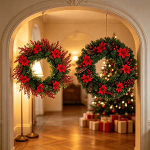 Handmade Plastic <b>Christmas</b> <b>Door</b> Hanging <b>Wreath</b> Poinsettia Red Berries Pine Cones Vine Ring Holiday Wall - Product Image 4