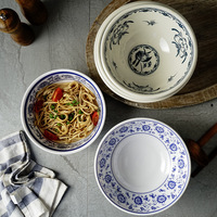 Bol à nouilles créatif A5 en plastique, vaisselle pour restaurants, usage commercial, grand bol de style porcelaine bleu et blanc, style chinois