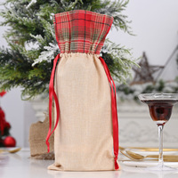 Haobei Nouvelles décorations de Noël Grand sac en toile de jute à motif floral rouge pour bouteille de vin Housse de bouteille de vin en lin à carreaux Style européen et américain