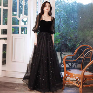 Black Evening Gown Sweetheart Neckline Empire Waist A-Line Chiffon Long Dress For Formal Events - Product Image 1