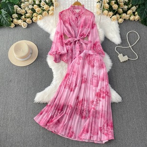 Conjunto de 2 Piezas de Moda: Camisa Elegante con Estampado Estilo Chino, Cuello Mao y Manga Farol, Top y Falda que Define la Cintura para Mujer - Product Image 2