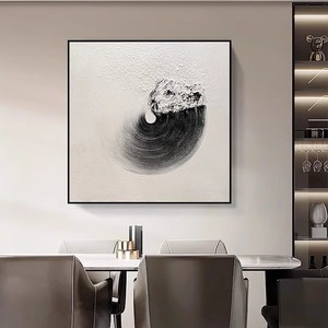Hand Painted Oil Painting Black <b>White</b> <b>Square</b> Abstract Art Minimalist Metal <b>Frame</b> 3D Visual Effect For Living Room Dining Room - Product Image 4