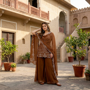Heavy Natural Crep Silk Heavy Bids Hand Work Embroidery Sequence Work With Fully Flair Stone Work Top Plazzo with Dupatta Set - Product Image 1