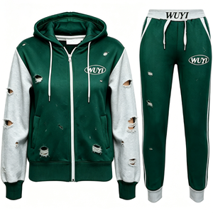 Ensemble de jogging vintage en molleton de coton coupe classique pour femme avec sweat à capuche brodé pour l'hiver - Product Image 1