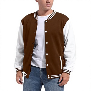 Veste universitaire pour homme, marron et blanc, patchwork, vêtement d'extérieur décontracté, coupe classique, col rabattu, fermeture boutonnée, polyester et coton - Product Image 1