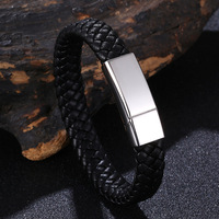 Bracelet en cuir noir tressé vintage avec fermoir magnétique pour homme, vente en gros dropshipping de bijoux de luxe pour hommes