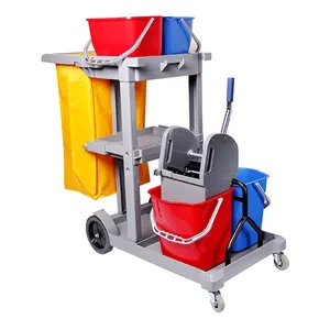 Multi Service Trolley Purpose Multifunction Cleaning Trolley Full Set With Bucket Duster Flat Spray Mop Broom For Hospital