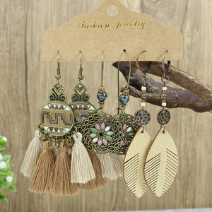 Boucles d'oreilles pendantes en bois avec pompon style bohème, plaqué bronze antique, pour femme, bijoux de mode pour soirée - Product Image 3