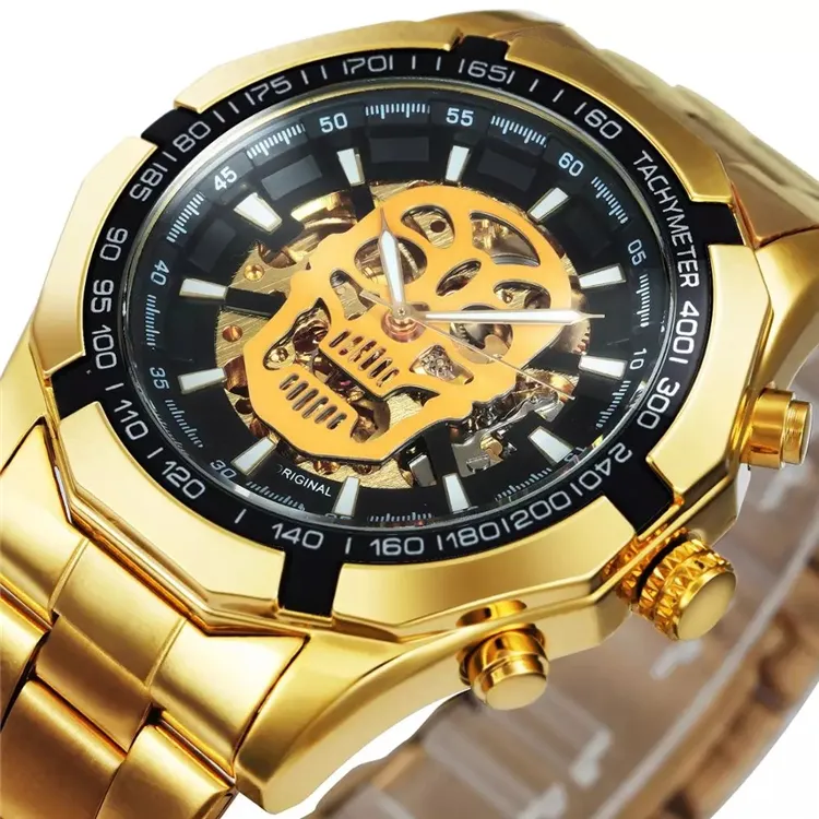 Relógio dourado automático vencedor, para homens, pulseira de aço, esqueleto, mecânico, relógios de caveira, marca de luxo, atacado, dropshipping