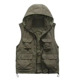 Unisex Mesh Breathable Fishing Vest with Hood Multi-Pockets Photography Travel Hiking Waistcoat Jacket for Adults and Youth