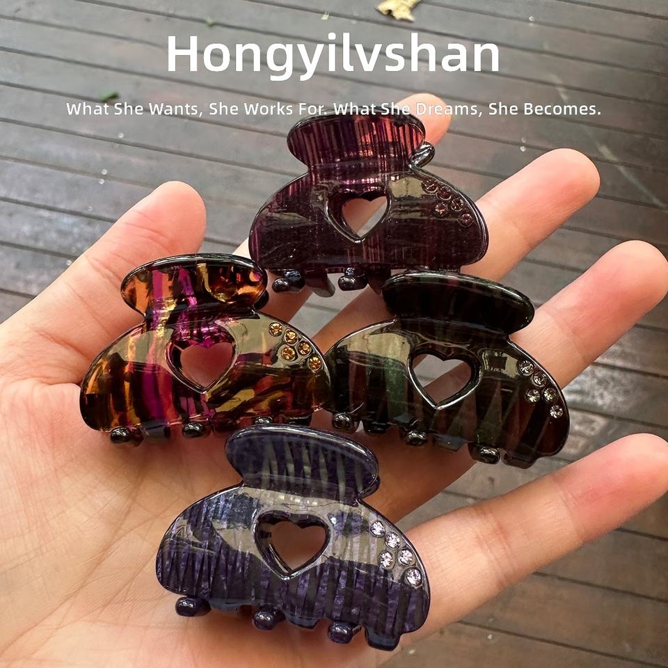 Red Acetate Sweet Hair Clip with Green Fan Diamond-Inlaid Heart Design ...