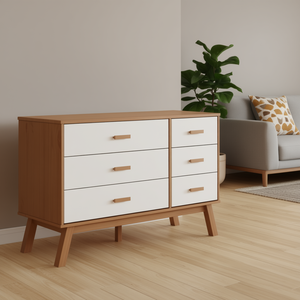 Cassettiera in Legno Massello Bianco e Marrone Stile Mid-Century Moderno con 6 Cassetti per Soggiorno - Product Image 2