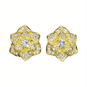 Pendientes de botón con forma de flor dorada E1932 con cristales de imitación y engaste de puntas para mujer, estilo romántico para fiestas - Product Image 1