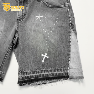 Short de jogging d'été personnalisé pour femmes Short de survêtement avec broderie en détresse Rhinestone droit français éponge coton lavé à l'acide Baggy français - Product Image 1