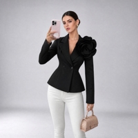 Blazer Wanita Hitam Polos Tenun 3D Dekorasi Peplum Kerah Lipat Kancing Ganda Slim Fit Lengan Panjang Anti Kusut Jaket Formal