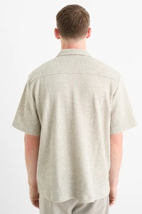 Chemise de camp en tricot éponge pour homme, manches courtes, mélange de lin et de coton, boutonnée, haut en éponge, crème - Product Image 3