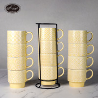 Tasses à latte SWT 12 oz multicolores gaufrées avec poignée pour cappuccino, thé, café, ensemble de tasses empilables en céramique avec support métallique