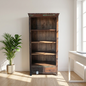 Rustic Vintage Look Wooden <b>Open</b> Bookcase <b>Bookshelf</b> with 2 Drawer and 4 Shelf For Living Room Hotel Farmhouse Indian Furniture - Product Image 2