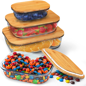 Kitchen Rectangle glass meal prep food storage container set lunch box lunchbox with bamboo wooden lid