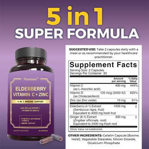 ローズベスト中国工場製 天然5 in 1免疫サポートハーブサプリメント 1000mg エルダーベリーエキスカプセル（生姜エキス配合） - Product Image 6