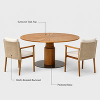 Ensemble de table à manger mobile moderne et minimaliste en teck massif pour l'extérieur, avec chaises tressées, idéal pour les cours, les maisons d'hôtes, les hôtels, les terrasses extérieures et les parcs.