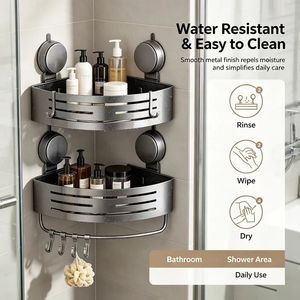 Modern Corner Suction Cup <b>Shower</b> Caddy (2-Pack Gray) No-Drilling Waterproof Aluminum <b>Shower</b> <b>Shelf</b> Towel Bar Hooks Bathroom - Product Image 6