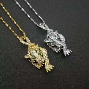 Collier pendentif tête de léopard plaqué or en acier inoxydable avec strass, bijou unisexe pour fête sur le thème du zodiaque animalier - Product Image 4