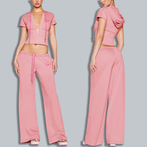 Của phụ nữ hai mảnh giản dị Skinny phù hợp với sâu v-cổ ngắn tay Trùm đầu quần ống rộng Quần Dệt Kim vải thêu kỹ thuật - Product Image 2