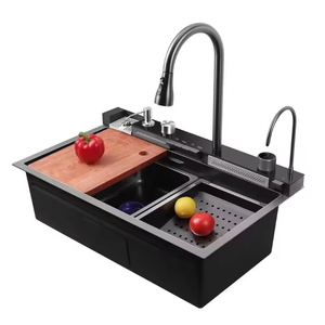 حوض مطبخ أسود متعدد الوظائف من الفولاذ المقاوم للصدأ بتصميم شلال وحوض فردي للتركيب على سطح العمل - Product Image 5