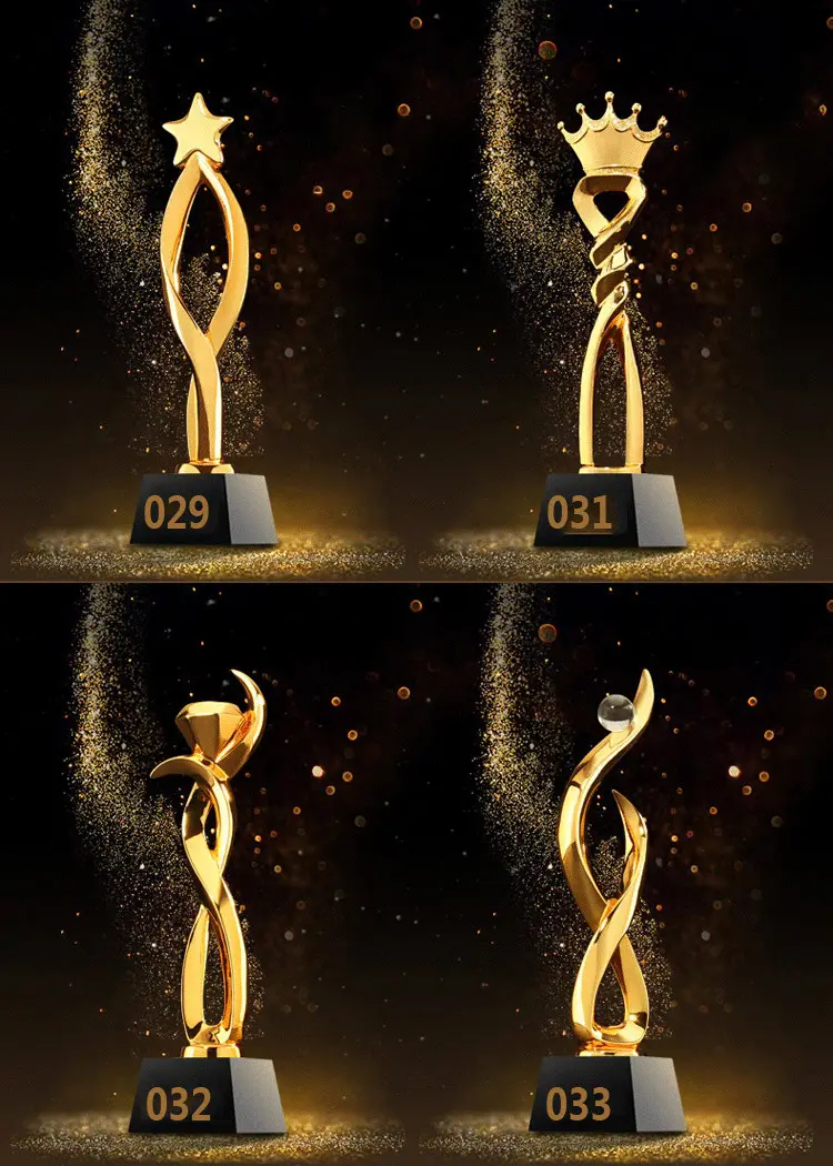 Nova resina polegar barato china cristal troféus troféus desenhos ouro cor troféu com base de vidro preto