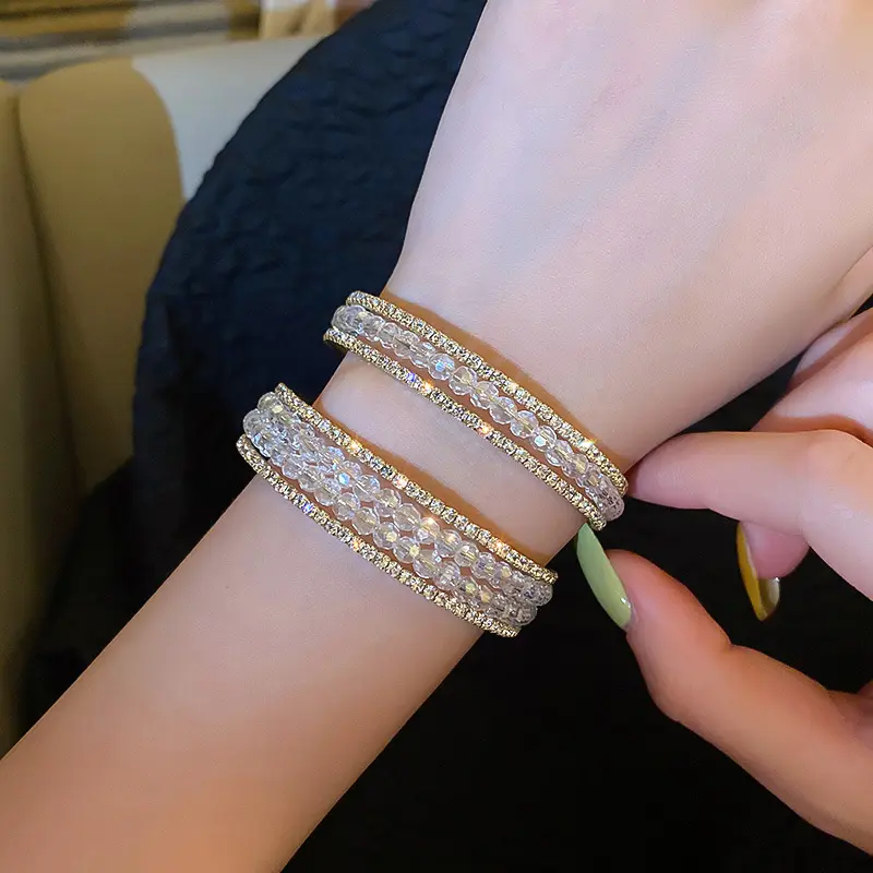 Bling Bling Dubbele Rijen Kubieke Cz Zirkoon Volledige Diamanten Armband Ins Wit Kristal Beadsopen Armbanden Glanzende Luxe Armbanden