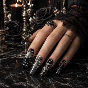 Faux ongles à presser Chrome Croix Gothique, aspect métallique, longs, couvrants, avec colle, design personnalisé - Product Image 5