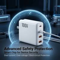 Chargeur pour ordinateur portable GaN 100W Max, double PD100W + double QC18W, 4 ports, chargeur rapide pour téléphones avec prises interchangeables multi-standards pour une utilisation mondiale