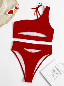 Mujeres 2025 Sexy sólido vendaje Bikini corte alto un hombro traje de baño Tanga con cintura alta traje de baño Underboob Top traje de baño - Product Image 5