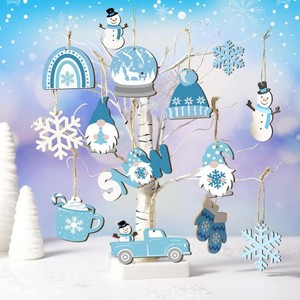 Ornements de Noël en bois bleus, flocons de neige, gnomes, bonhommes de neige, décorations suspendues pour la maison et les fêtes - Product Image 4
