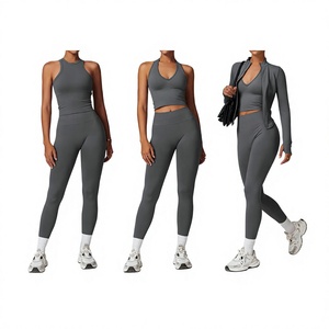 Conjunto de Yoga para Mujer, Top Corto Gris sin Costuras, Leggings de Cintura Alta, Chaqueta de Manga Larga - Product Image 1