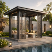 Pavillon oriental à toit rigide avec écrans en treillis métallique et table à thé pour cour et bord de piscine