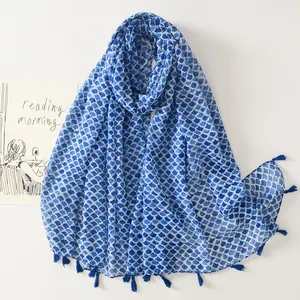 2024 New Blue Shell Pattern Cotton Scarves Beach Shawls For Women Comfort Soft 180*90CM Cotton Voile Tassel Scarf Muslim Hijabs