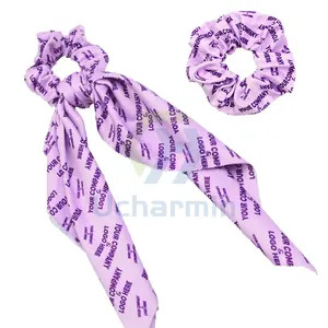 CHENGHE Atacado impressão personalizada logotipo scrunchy com arco fita de cetim hairband longos scrunchies seda lenço scrunchies para as mulheres