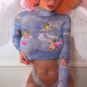 Top corto transparente de manga larga con cuello alto y estampado de ángel para mujer, ropa sexy para discoteca - Product Image 3