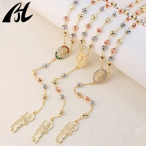 Popolare 14K placcato in <span class=keywords><strong>oro</strong></span> tricolore Vergine Maria <span class=keywords><strong>rosario</strong></span> <span class=keywords><strong>collana</strong></span> con San Beneditto crocifisso perlina tipo catena artiglio impostazione intarsio - Product Image 4