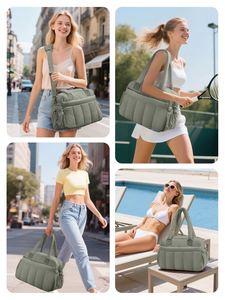 <b>Custom</b> Quilted Nylon Portable Travel Utility Tote Shoulder Bag with Detachable Strap Matching Cosmetic Puffer Pouch - Product Image 6