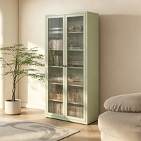 Meuble de rangement en métal vert sauge avec portes en verre et portes pleines, étagère ouverte, bibliothèque autoportante, unité de rangement pour le bureau à domicile
